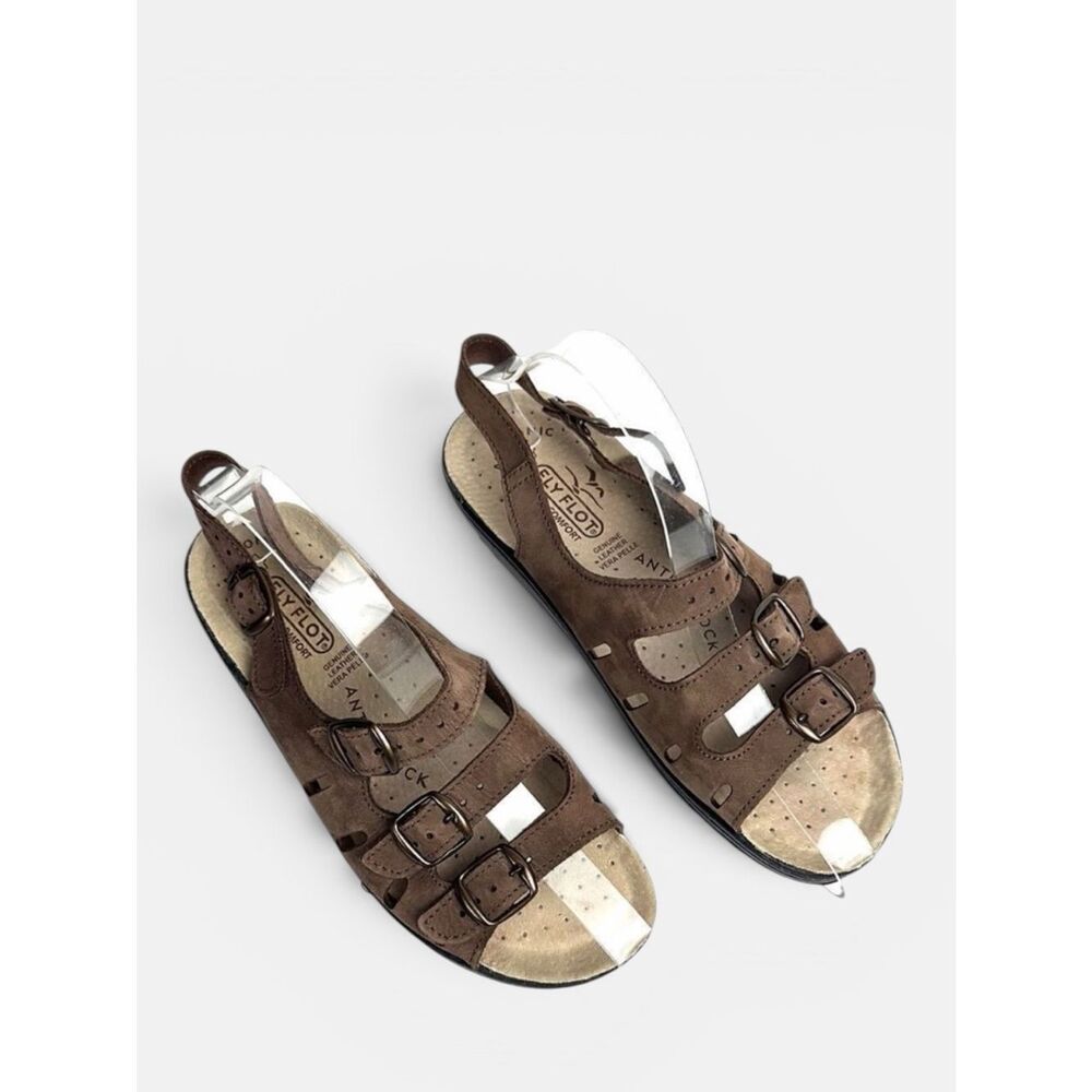 Fly Flot DALE Brown Leather Nubuck Comfort Sandals 3 Straps Buckle Closure US 6